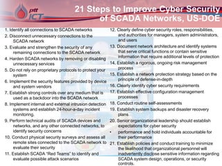 12. Clearly define cyber security roles, responsibilities,
and authorities for managers, system administrators,
and users
13. Document network architecture and identify systems
that serve critical functions or contain sensitive
information that require additional levels of protection
14. Establish a rigorous, ongoing risk management
process
15. Establish a network protection strategy based on the
principle of defense-in-depth
16. Clearly identify cyber security requirements
17. Establish effective configuration management
processes
18. Conduct routine self-assessments
19. Establish system backups and disaster recovery
plans
20. Senior organizational leadership should establish
expectations for cyber security
• performance and hold individuals accountable for
their performance
21. Establish policies and conduct training to minimize
the likelihood that organizational personnel will
inadvertently disclose sensitive information regarding
SCADA system design, operations, or security
controls.
21 Steps to Improve Cyber Security
of SCADA Networks, US-DOE
1. Identify all connections to SCADA networks
2. Disconnect unnecessary connections to the
SCADA network
3. Evaluate and strengthen the security of any
remaining connections to the SCADA network
4. Harden SCADA networks by removing or disabling
unnecessary services
5. Do not rely on proprietary protocols to protect your
system
6. Implement the security features provided by device
and system vendors
7. Establish strong controls over any medium that is
used as a backdoor into the SCADA network
8. Implement internal and external intrusion detection
systems and establish 24-hour-a-day incident
monitoring.
9. Perform technical audits of SCADA devices and
networks, and any other connected networks, to
identify security concerns
10. Conduct physical security surveys and assess all
remote sites connected to the SCADA network to
evaluate their security
11. Establish SCADA “Red Teams” to identify and
evaluate possible attack scenarios
 