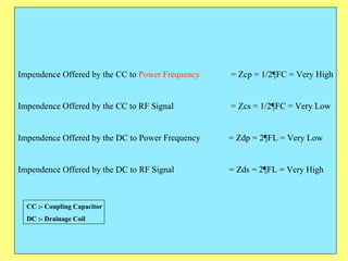 Impendence Offered by the CC to  Power Frequency    = Zcp = 1/2 ¶FC  = Very High Impendence Offered by the CC to RF Signal  = Zcs = 1/2 ¶FC  = Very Low Impendence Offered by the DC to Power Frequency   = Zdp = 2 ¶FL  = Very Low Impendence Offered by the DC to RF Signal  = Zds = 2 ¶FL  = Very High CC :- Coupling Capacitor DC :- Drainage Coil 