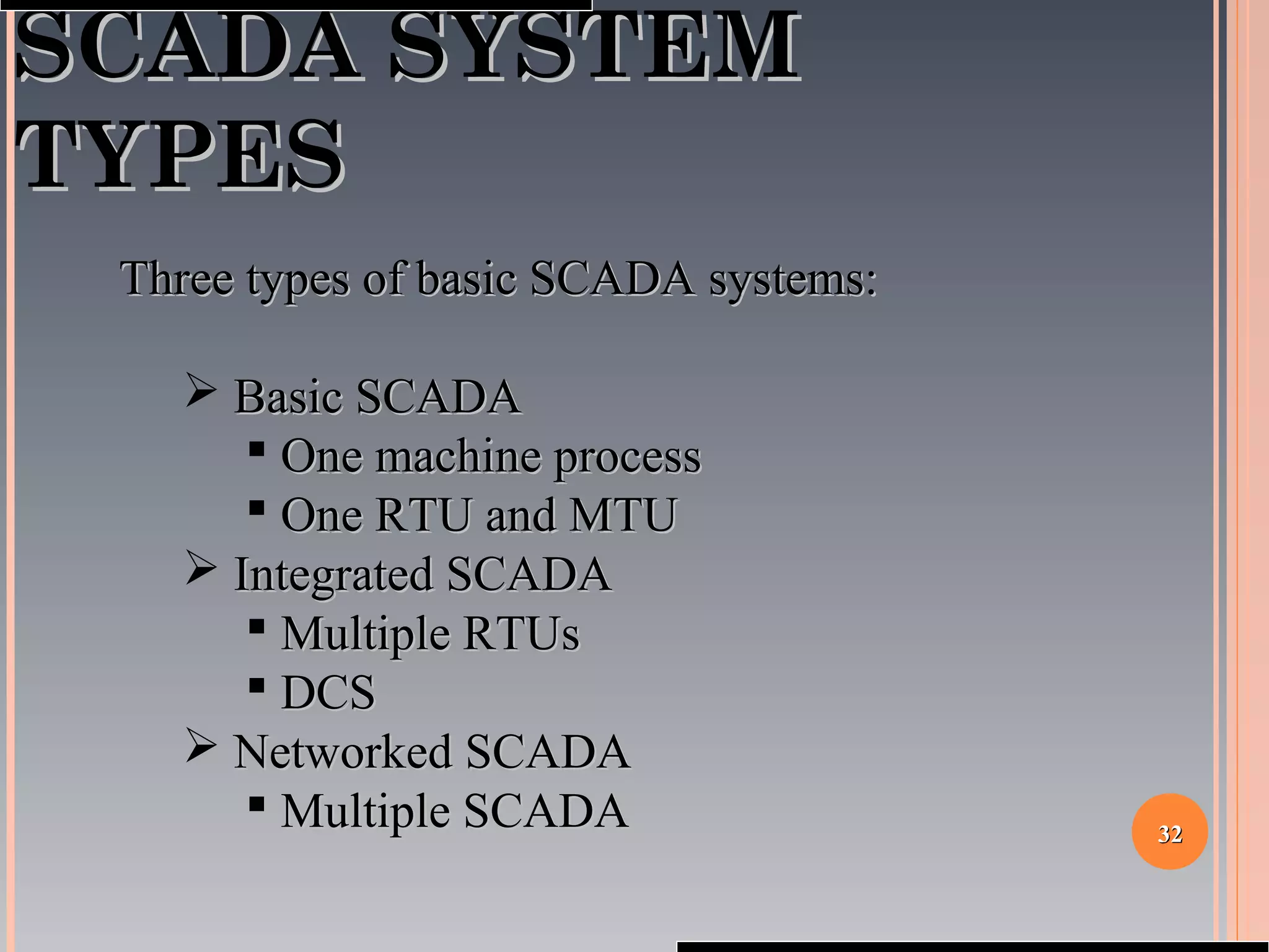3232
SCADA SYSTEMSCADA SYSTEM
TYPESTYPES
Three types of basic SCADA systems:Three types of basic SCADA systems:
 Basic SCADABasic SCADA
 One machine processOne machine process
 One RTU and MTUOne RTU and MTU
 Integrated SCADAIntegrated SCADA
 Multiple RTUsMultiple RTUs
 DCSDCS
 Networked SCADANetworked SCADA
 Multiple SCADAMultiple SCADA
 
