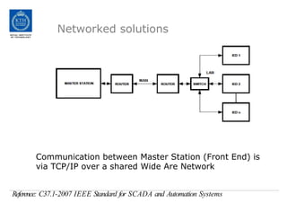 Networked solutions
Communication between Master Station (Front End) is
via TCP/IP over a shared Wide Are Network
Reference: C37.1-2007 IEEE Standard for SCADA and Automation Systems
 