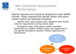 Non functional requirements
- Performance
• Desired response time should be designed for each SCADA
function. These response time should comply with power
system control and operation procedure.
- Normal state, quasi-steady-state. Response time should
meet the requirements during normal state.
- Emergency state, when power system operation
constraints are violated. SCADA system are engineered to
one specific emergency condition without degrading the
performance.
Normal
status
Emergency
status
Restoration
status
 