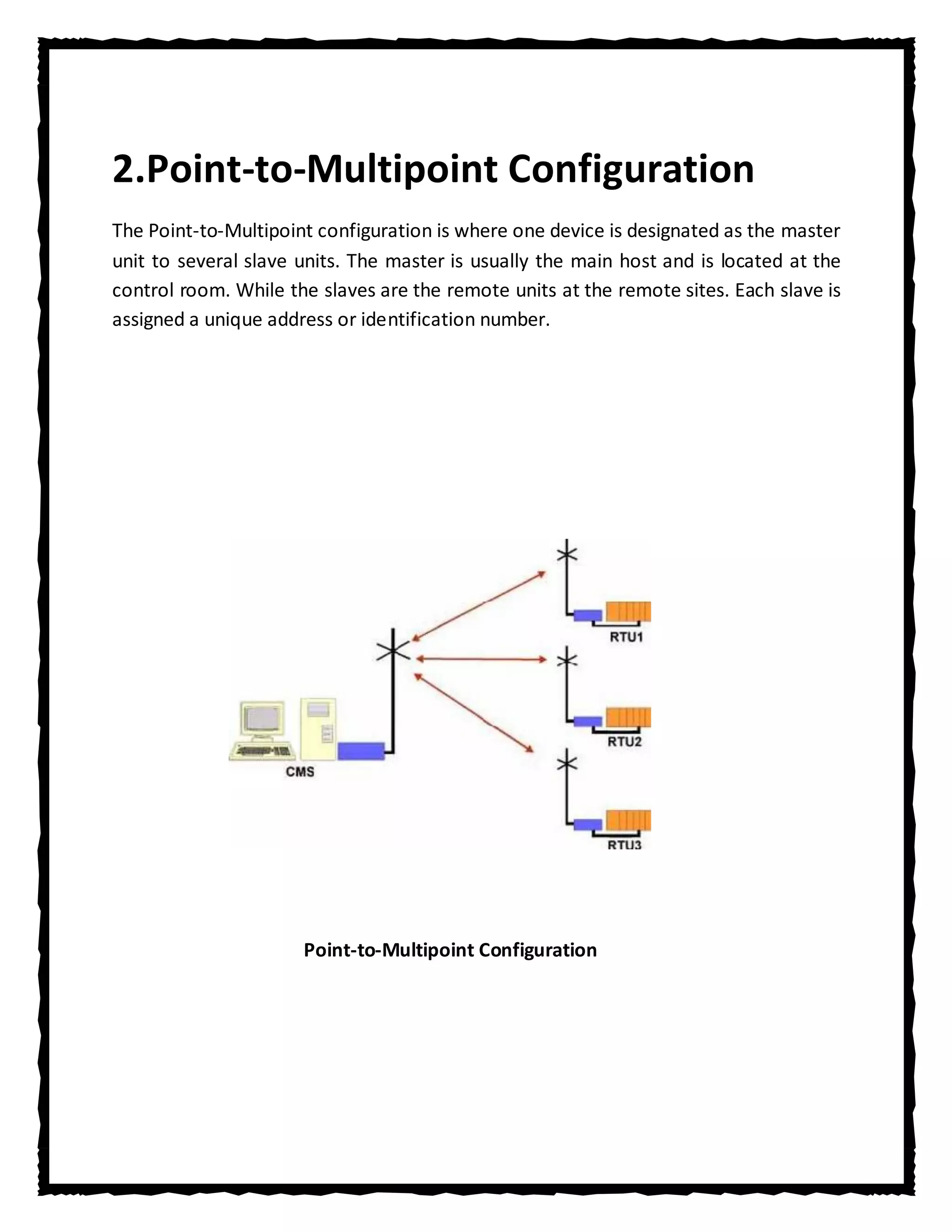 2.Point-to-Multipoint Configuration
The Point-to-Multipoint configuration is where one device is designated as the master
unit to several slave units. The master is usually the main host and is located at the
control room. While the slaves are the remote units at the remote sites. Each slave is
assigned a unique address or identification number.




                      Point-to-Multipoint Configuration
 