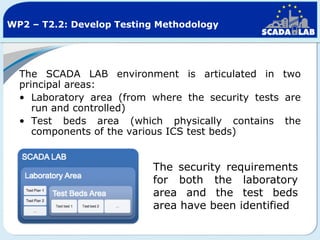 WP2 – T2.2: Develop Testing Methodology

The SCADA LAB environment is articulated in two
principal areas:
• Laboratory area (from where the security tests are
run and controlled)
• Test beds area (which physically contains the
components of the various ICS test beds)

The security requirements
for both the laboratory
area and the test beds
area have been identified

 