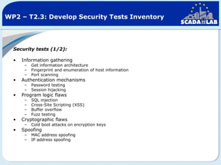 WP2 – T2.3: Develop Security Tests Inventory

Security tests (1/2):
•

Information gathering

•

Authentication mechanisms

•

Program logic flaws

•

Cryptographic flaws

•

Spoofing

–
–
–

Get information architecture
Fingerprint and enumeration of host information
Port scanning

–
–

Password testing
Session hijacking

–
–
–
–

SQL injection
Cross-Site Scripting (XSS)
Buffer overflow
Fuzz testing

–

Cold boot attacks on encryption keys

–
–

MAC address spoofing
IP address spoofing

 