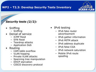WP2 – T2.3: Develop Security Tests Inventory

Security tests (2/2):
• Sniffing

– Sniffing

• Denial of service
–
–
–
–

ICMP flood
SYN flood
Teardrop attacks
Application DoS

–
–
–
–
–
–

CAM table overflow
VLAN hopping
Private VLAN attacks
Spanning tree manipulation
DHCP starvation
CISCO discovery protocol

• Routing

• IPv6 testing
– IPv6 fake router
advertisement
– IPv6 gather information
– IPv6 MITM attack
– IPv6 address duplicate
– IPv6 false CGA
– IPv6 network saturation
– Mobile IPv6 route
spoofing

 