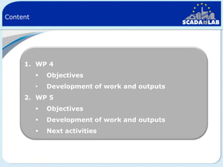 Content

1. WP 4


Objectives

•

Development of work and outputs

2. WP 5


Objectives



Development of work and outputs



Next activities

 