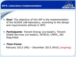 WP4: Laboratory Implementation

• Goal: The objective of this WP is the implementation
of the SCADA LAB laboratory, according to the design
and requirements defined in WP3
• Participants: Telvent Energy (co-leader), Telvent
Global Services (co-leader), INTECO, CNPIC, AEI
Seguridad.
• Time-frame:
February 2013 (M6) – December 2013 (M16) (ongoing)

 