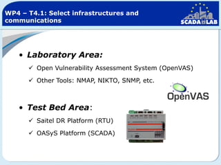 WP4 – T4.1: Select infrastructures and
communications

• Laboratory Area:
 Open Vulnerability Assessment System (OpenVAS)
 Other Tools: NMAP, NIKTO, SNMP, etc.

• Test Bed Area:
 Saitel DR Platform (RTU)
 OASyS Platform (SCADA)

 