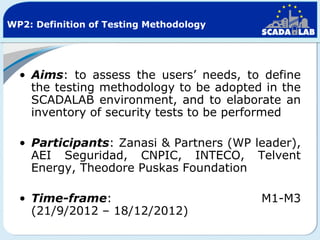 WP2: Definition of Testing Methodology

• Aims: to assess the users’ needs, to define
the testing methodology to be adopted in the
SCADALAB environment, and to elaborate an
inventory of security tests to be performed
• Participants: Zanasi & Partners (WP leader),
AEI Seguridad, CNPIC, INTECO, Telvent
Energy, Theodore Puskas Foundation
• Time-frame:
(21/9/2012 – 18/12/2012)

M1-M3

 
