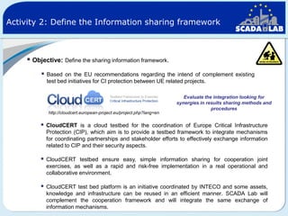 Activity 2: Define the Information sharing framework

 Objective: Define the sharing information framework.


Based on the EU recommendations regarding the intend of complement existing
test bed initiatives for CI protection between UE related projects.

http://cloudcert.european-project.eu/project.php?lang=en

Evaluate the integration looking for
synergies in results sharing methods and
procedures



CloudCERT is a cloud testbed for the coordination of Europe Critical Infrastructure
Protection (CIP), which aim is to provide a testbed framework to integrate mechanisms
for coordinating partnerships and stakeholder efforts to effectively exchange information
related to CIP and their security aspects.



CloudCERT testbed ensure easy, simple information sharing for cooperation joint
exercises, as well as a rapid and risk-free implementation in a real operational and
collaborative environment.



CloudCERT test bed platform is an initiative coordinated by INTECO and some assets,
knowledge and infrastructure can be reused in an efficient manner. SCADA Lab will
complement the cooperation framework and will integrate the same exchange of
information mechanisms.

 
