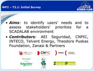 WP2 – T2.1: Initial Survey

• Aims: to identify users’ needs and to
assess stakeholders’ priorities for a
SCADALAB environment
• Contributors: AEI Seguridad, CNPIC,
INTECO, Telvent Energy, Theodore Puskas
Foundation, Zanasi & Partners

 