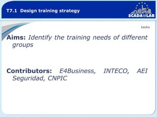 T7.1 Design training strategy

tasks

Aims: Identify the training needs of different
groups

Contributors: E4Business,
Seguridad, CNPIC

INTECO,

AEI

 