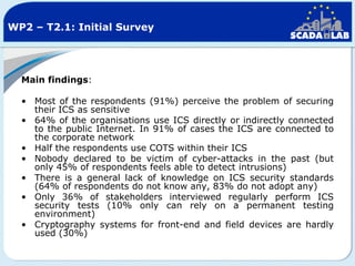 WP2 – T2.1: Initial Survey

Main findings:
• Most of the respondents (91%) perceive the problem of securing
their ICS as sensitive
• 64% of the organisations use ICS directly or indirectly connected
to the public Internet. In 91% of cases the ICS are connected to
the corporate network
• Half the respondents use COTS within their ICS
• Nobody declared to be victim of cyber-attacks in the past (but
only 45% of respondents feels able to detect intrusions)
• There is a general lack of knowledge on ICS security standards
(64% of respondents do not know any, 83% do not adopt any)
• Only 36% of stakeholders interviewed regularly perform ICS
security tests (10% only can rely on a permanent testing
environment)
• Cryptography systems for front-end and field devices are hardly
used (30%)

 