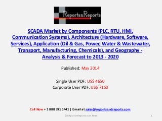 SCADA Market by Components (PLC, RTU, HMI,
Communication Systems), Architecture (Hardware, Software,
Services), Application (Oil & Gas, Power, Water & Wastewater,
Transport, Manufacturing, Chemicals), and Geography -
Analysis & Forecast to 2013 - 2020
Published: May 2014
Single User PDF: US$ 4650
Corporate User PDF: US$ 7150
1© ReportsnReports.com 2014
Call Now + 1 888 391 5441 | Email at sales@reportsandreports.com
 