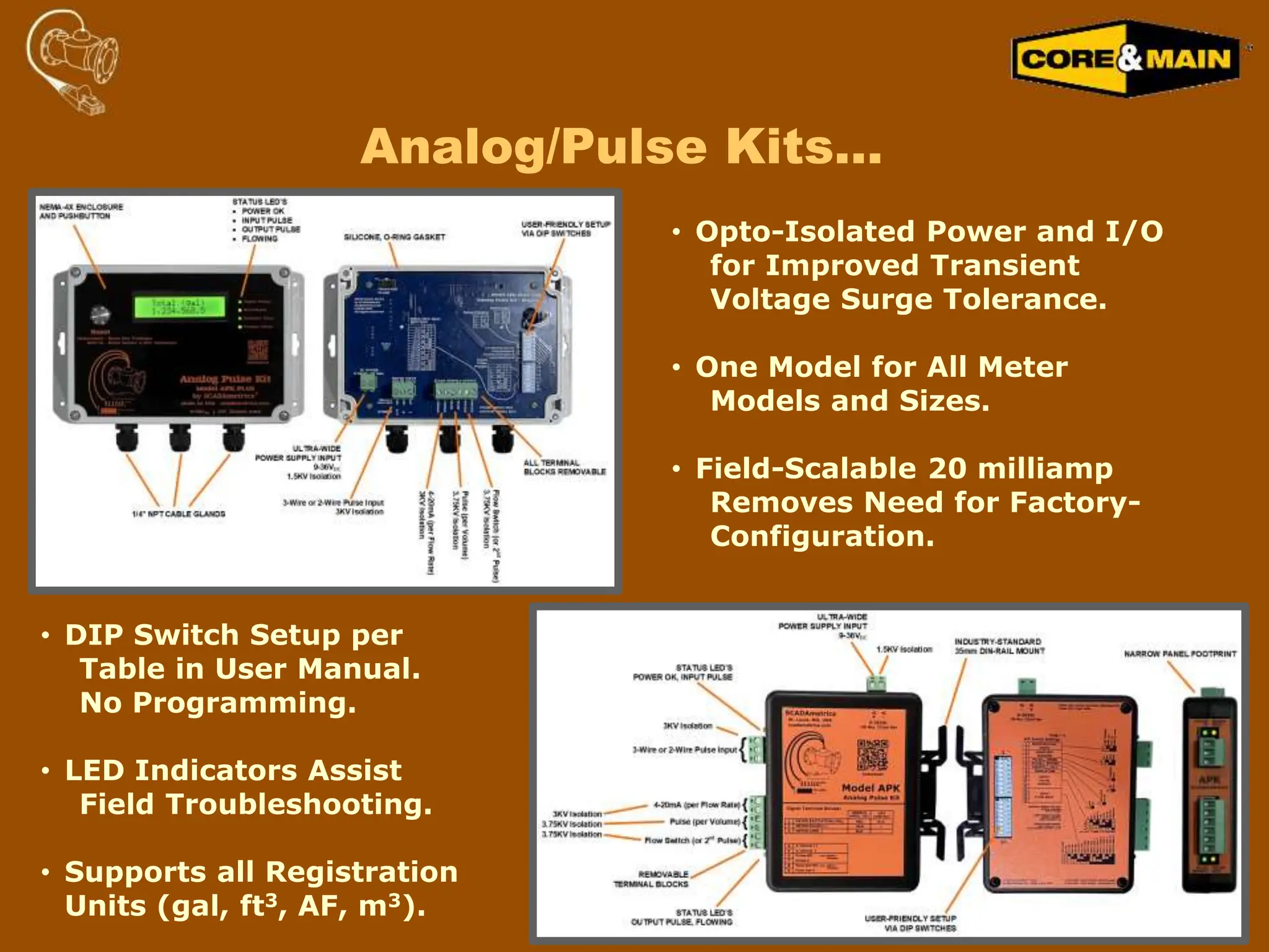 Analog/Pulse Kits…
• Opto-Isolated Power and I/O
for Improved Transient
Voltage Surge Tolerance.
• One Model for All Meter
Models and Sizes.
• Field-Scalable 20 milliamp
Removes Need for Factory-
Configuration.
• DIP Switch Setup per
Table in User Manual.
No Programming.
• LED Indicators Assist
Field Troubleshooting.
• Supports all Registration
Units (gal, ft3, AF, m3).
 