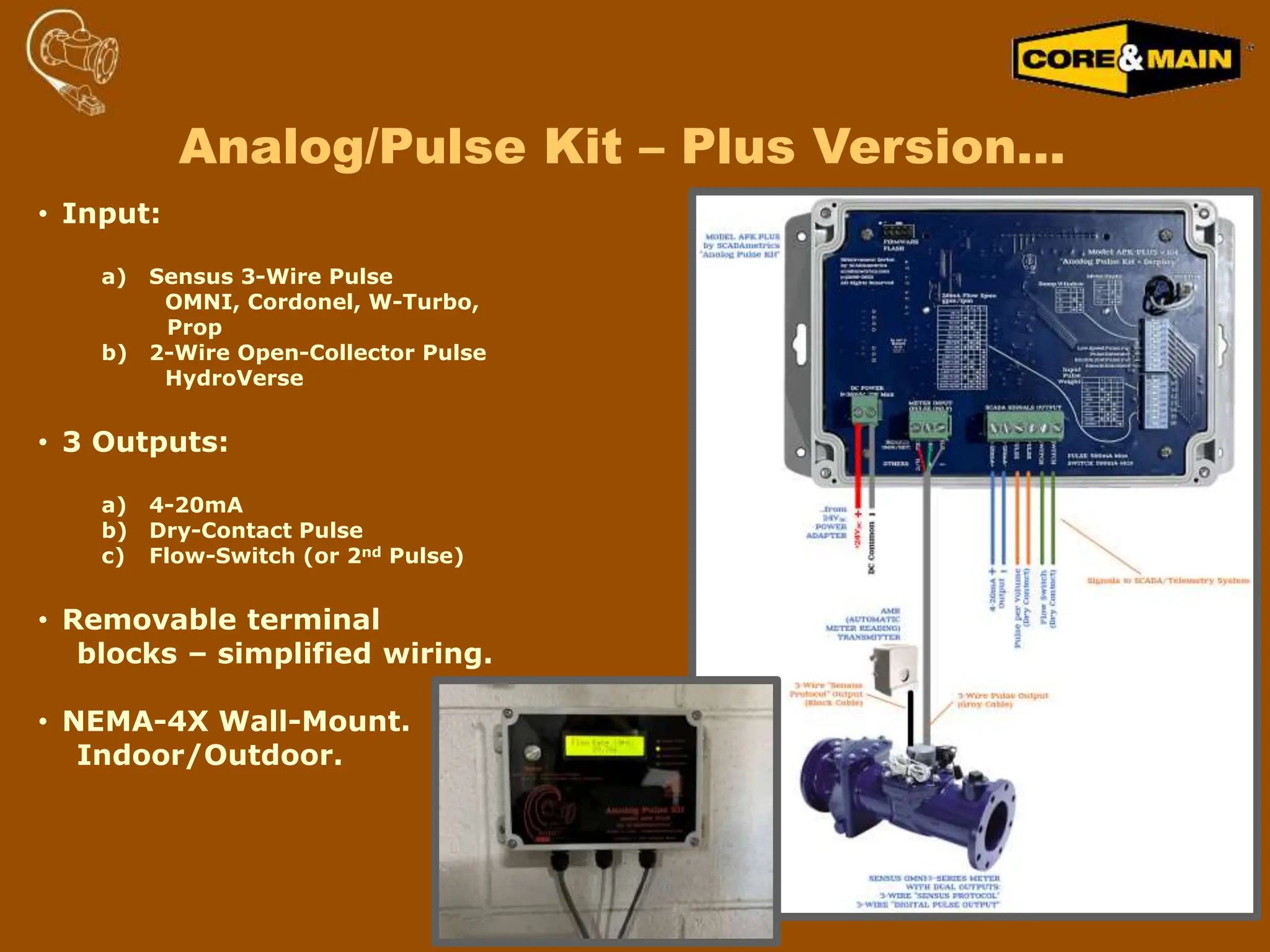 Analog/Pulse Kit – Plus Version…
• Input:
a) Sensus 3-Wire Pulse
OMNI, Cordonel, W-Turbo,
Prop
b) 2-Wire Open-Collector Pulse
HydroVerse
• 3 Outputs:
a) 4-20mA
b) Dry-Contact Pulse
c) Flow-Switch (or 2nd Pulse)
• Removable terminal
blocks – simplified wiring.
• NEMA-4X Wall-Mount.
Indoor/Outdoor.
 