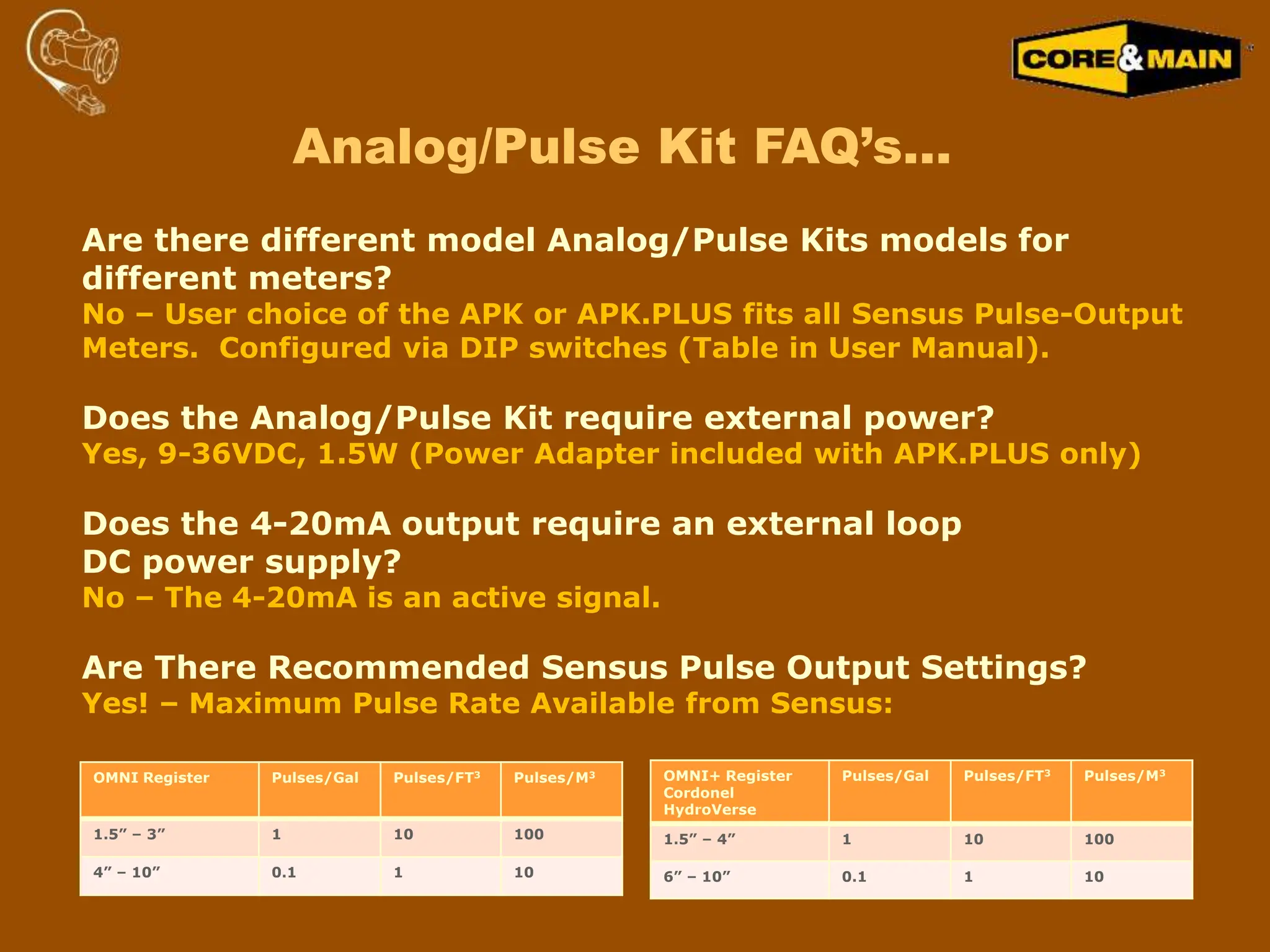 Analog/Pulse Kit FAQ’s…
Are there different model Analog/Pulse Kits models for
different meters?
No – User choice of the APK or APK.PLUS fits all Sensus Pulse-Output
Meters. Configured via DIP switches (Table in User Manual).
Does the Analog/Pulse Kit require external power?
Yes, 9-36VDC, 1.5W (Power Adapter included with APK.PLUS only)
Does the 4-20mA output require an external loop
DC power supply?
No – The 4-20mA is an active signal.
Are There Recommended Sensus Pulse Output Settings?
Yes! – Maximum Pulse Rate Available from Sensus:
OMNI Register Pulses/Gal Pulses/FT3 Pulses/M3
1.5” – 3” 1 10 100
4” – 10” 0.1 1 10
OMNI+ Register
Cordonel
HydroVerse
Pulses/Gal Pulses/FT3 Pulses/M3
1.5” – 4” 1 10 100
6” – 10” 0.1 1 10
 