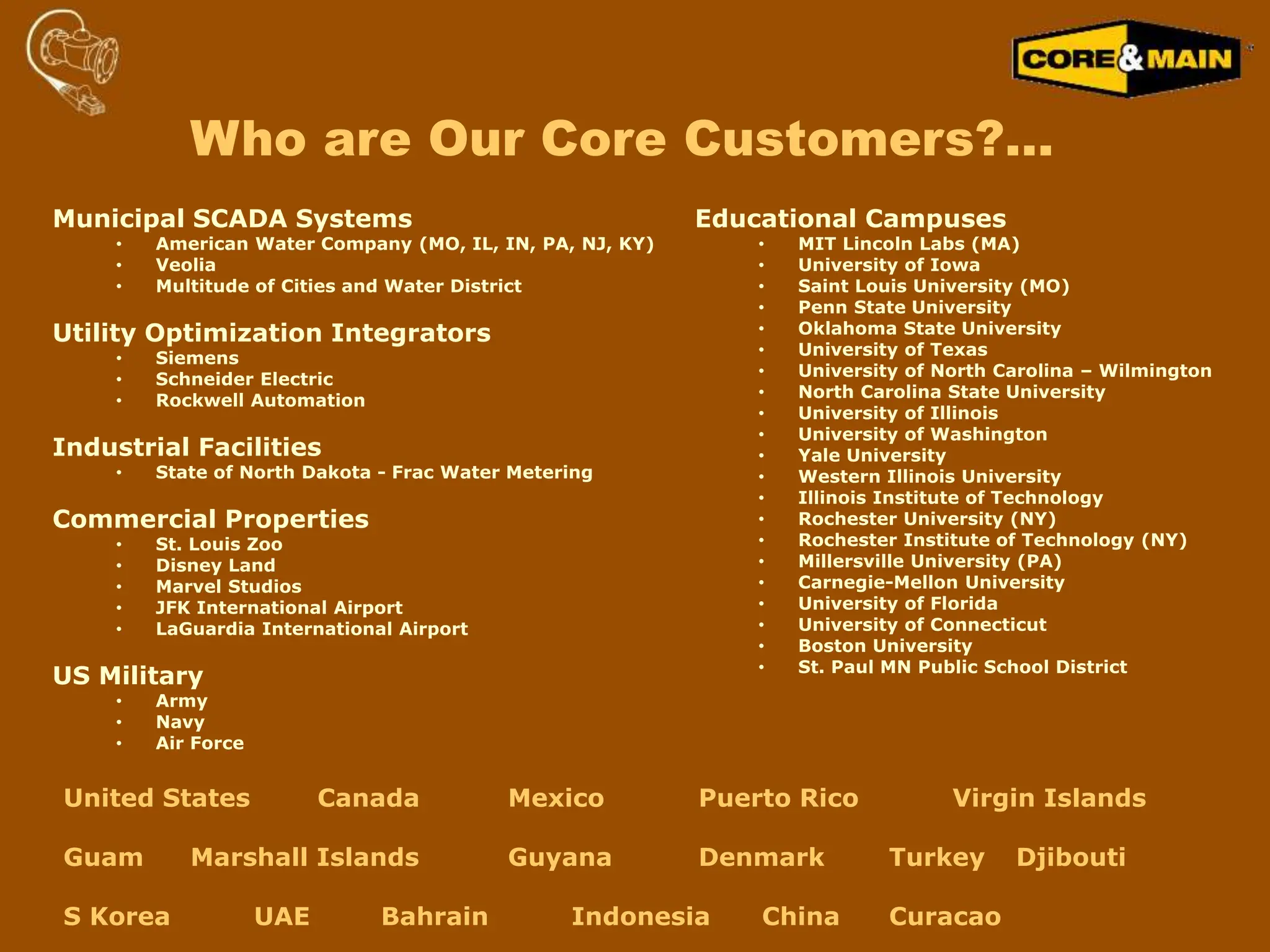 Municipal SCADA Systems
• American Water Company (MO, IL, IN, PA, NJ, KY)
• Veolia
• Multitude of Cities and Water District
Utility Optimization Integrators
• Siemens
• Schneider Electric
• Rockwell Automation
Industrial Facilities
• State of North Dakota - Frac Water Metering
Commercial Properties
• St. Louis Zoo
• Disney Land
• Marvel Studios
• JFK International Airport
• LaGuardia International Airport
US Military
• Army
• Navy
• Air Force
Who are Our Core Customers?...
Educational Campuses
• MIT Lincoln Labs (MA)
• University of Iowa
• Saint Louis University (MO)
• Penn State University
• Oklahoma State University
• University of Texas
• University of North Carolina – Wilmington
• North Carolina State University
• University of Illinois
• University of Washington
• Yale University
• Western Illinois University
• Illinois Institute of Technology
• Rochester University (NY)
• Rochester Institute of Technology (NY)
• Millersville University (PA)
• Carnegie-Mellon University
• University of Florida
• University of Connecticut
• Boston University
• St. Paul MN Public School District
United States Canada Mexico Puerto Rico Virgin Islands
Guam Marshall Islands Guyana Denmark Turkey Djibouti
S Korea UAE Bahrain Indonesia China Curacao
 
