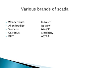  Wonder ware In touch
 Allen bradley Rs view
 Siemens Win CC
 GE Fanuc Simplicity
 KPIT ASTRA
 
