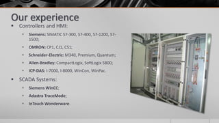  Controllers and HMI:
 Siemens: SIMATIC S7-300, S7-400, S7-1200, S7-
1500;
 OMRON: CP1, CJ1, CS1;
 Schneider-Electric: M340, Premium, Quantum;
 Allen-Bradley: CompactLogix, SoftLogix 5800;
 ICP-DAS: I-7000, I-8000, WinCon, WinPac.
 SCADA Systems:
 Siemens WinCC;
 Adastra TraceMode;
 InTouch Wonderware.
Our experience
 