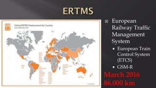 March 2016
86.000 km
 European
Railway Traffic
Management
System
 European Train
Control System
(ETCS)
 GSM-R
 