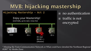 “Abusing the Train Communication Network or What could have derailed the Northeast Regional
#188?” by Moshe Zioni
 no authentication
 traffic is not
encrypted
 