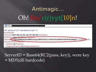 Oh! En/c(r)ypt[10]n!
ServerID = Base64(RC2(pass, key)), were key
= MD5(dll hardcode)
 