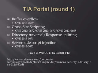  Buffer overflow
 CVE-2013-0669
 Cross-Site Scripting
 CVE-2013-0672/CVE-2013-0670/CVE-2013-0668
 Directory traversal/Response splitting
 CVE-2013-0671
 Server-side script injection
 CVE-2012-3032
Fixed in WinCC (TIA Portal) V12
http://www.siemens.com/corporate-
technology/pool/de/forschungsfelder/siemens_security_advisory_s
sa-212483.pdf
 