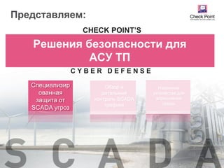 ©2016 Check Point Software Technologies Ltd. 17
Решения безопасности для
АСУ ТП
CHECK POINT’S
C Y B E R D E F E N S E
Обзор и
детальный
контроль SCADA
трафика
Специализир
ованная
защита от
SCADA угроз
Надежные
устройства для
агрессивной
среды
Представляем:
 