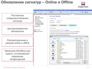 ©2016 Check Point Software Technologies Ltd. 27
Обновление сигнатур – Online и Offline
Централизованное
обновление
Постоянное
совершенствование
сигнатур
Механизм Workflow для
аудита, отслеживания
изменения
конфигураций
Распространение в
режиме online и offline
 