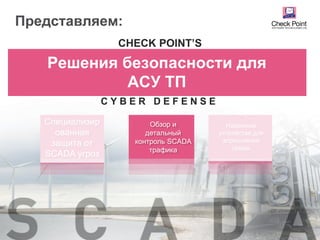 ©2016 Check Point Software Technologies Ltd. 32
Решения безопасности для
АСУ ТП
CHECK POINT’S
C Y B E R D E F E N S E
Обзор и
детальный
контроль SCADA
трафика
Специализир
ованная
защита от
SCADA угроз
Надежные
устройства для
агрессивной
среды
Представляем:
 