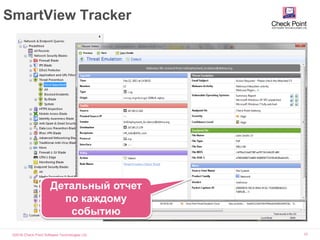 ©2016 Check Point Software Technologies Ltd. 37
SmartView Tracker
Единый
репозитарий
журналов всех
продуктов
безопасности
Детальный отчет
по каждому
событию
 