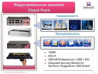 ©2016 Check Point Software Technologies Ltd. 49
Индустриальные решения
Check Point
Универсальность
Функциональность
 1200R
 IAS U1
 3200 (2016 Appliances + SSD + DC)
 Integrated Security Module for
Siemens / RuggedCom 1500 Switch
 