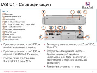 ©2016 Check Point Software Technologies Ltd. 59
IAS U1 - Спецификация
• Производительность до 3 Гб/c в
режиме межсетевого экрана
• Производительность до 2 Гб/с в
режиме IPS (Default IPS profile)
• Соответствие требованиям
IEC 61850-3 и IEEE 1613
 Температура и влажность: от -20 до 70° C,
20%-95%
 Отсутствие движущихся частей—
безвентиляторный дизайн с
использованием SSD накопителей и
отсутствием внутренних кабельных
соединений
 Различные опции по питанию
 
