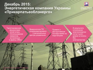 ©2016 Check Point Software Technologies Ltd. 8
Декабрь 2015:
Энергетическая компания Украины
«Прикарпатьеоблэнерго»
Вредоносное ПО
скомпрометировало
3 региональных
центра управления
Таргетированная
фишинговая
email атака.
Использование
макросов,
встроенных
в файлы Office
Привело к
деструктивным
последствиям на
подстанциях
В результате
отключения
электроэнергии
сотни тысяч
домов остались
без
электричества
©2016 Check Point Software Technologies
Ltd.
 