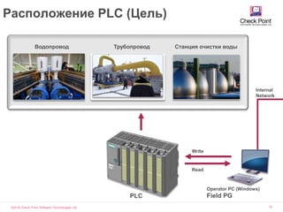 ©2016 Check Point Software Technologies Ltd. 10
Расположение PLC (Цель)
Operator PC (Windows)
Field PGPLC
Internal
Network
Write
Read
Водопровод Трубопровод Станция очистки воды
 