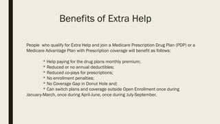 Benefits of Extra Help
People who qualify for Extra Help and join a Medicare Prescription Drug Plan (PDP) or a
Medicare Advantage Plan with Prescription coverage will benefit as follows:
* Help paying for the drug plans monthly premium;
* Reduced or no annual deductibles;
* Reduced co-pays for prescriptions;
* No enrollment penalties;
* No Coverage Gap in Donut Hole and;
* Can switch plans and coverage outside Open Enrollment once during
January-March, once during April-June, once during July-September.
 