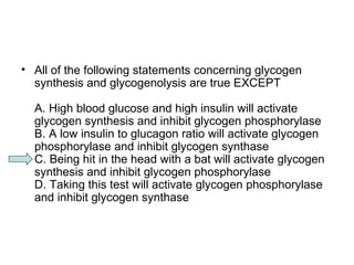 • All of the following statements concerning glycogen 
synthesis and glycogenolysis are true EXCEPT 
A. High blood glucose and high insulin will activate 
glycogen synthesis and inhibit glycogen phosphorylase 
B. A low insulin to glucagon ratio will activate glycogen 
phosphorylase and inhibit glycogen synthase 
C. Being hit in the head with a bat will activate glycogen 
synthesis and inhibit glycogen phosphorylase 
D. Taking this test will activate glycogen phosphorylase 
and inhibit glycogen synthase 
 