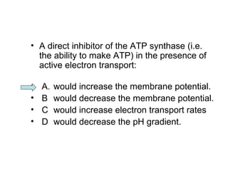 • A direct inhibitor of the ATP synthase (i.e. 
the ability to make ATP) in the presence of 
active electron transport: 
• A. would increase the membrane potential. 
• B would decrease the membrane potential. 
• C would increase electron transport rates 
• D would decrease the pH gradient. 
 