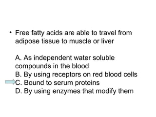 • Free fatty acids are able to travel from 
adipose tissue to muscle or liver 
A. As independent water soluble 
compounds in the blood 
B. By using receptors on red blood cells 
C. Bound to serum proteins 
D. By using enzymes that modify them 
 