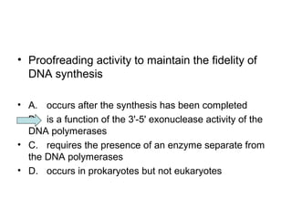 • Proofreading activity to maintain the fidelity of 
DNA synthesis 
• A. occurs after the synthesis has been completed 
• B. is a function of the 3'-5' exonuclease activity of the 
DNA polymerases 
• C. requires the presence of an enzyme separate from 
the DNA polymerases 
• D. occurs in prokaryotes but not eukaryotes 
 