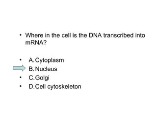 • Where in the cell is the DNA transcribed into 
mRNA? 
• A.Cytoplasm 
• B.Nucleus 
• C.Golgi 
• D.Cell cytoskeleton 
 
