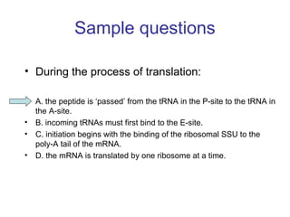 Sample questions 
• During the process of translation: 
• A. the peptide is ‘passed’ from the tRNA in the P-site to the tRNA in 
the A-site. 
• B. incoming tRNAs must first bind to the E-site. 
• C. initiation begins with the binding of the ribosomal SSU to the 
poly-A tail of the mRNA. 
• D. the mRNA is translated by one ribosome at a time. 
 