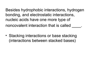 Besides hydrophobic interactions, hydrogen 
bonding, and electrostatic interactions, 
nucleic acids have one more type of 
noncovalent interaction that is called ____. 
• Stacking interactions or base stacking 
(interactions between stacked bases) 
 