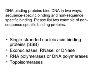 DNA binding proteins bind DNA in two ways: 
sequence-specific binding and non-sequence 
specific binding. Please list two example of non-sequence 
specific binding proteins. 
• Single-stranded nucleic acid binding 
proteins (SSB) 
• Exonucleases, RNase, or DNase 
• RNA polymerases or DNA polymerases 
• Topoisomerases 
 