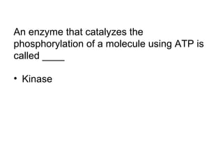 An enzyme that catalyzes the 
phosphorylation of a molecule using ATP is 
called ____ 
• Kinase 
 