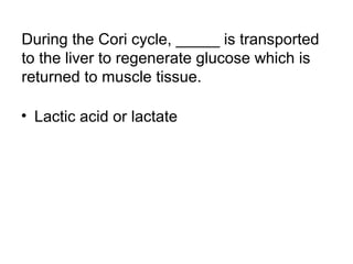 During the Cori cycle, _____ is transported 
to the liver to regenerate glucose which is 
returned to muscle tissue. 
• Lactic acid or lactate 
 