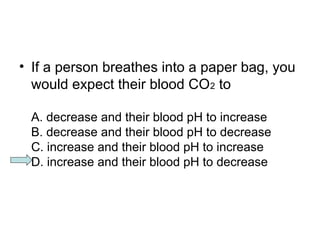 • If a person breathes into a paper bag, you 
would expect their blood CO2 to 
A. decrease and their blood pH to increase 
B. decrease and their blood pH to decrease 
C. increase and their blood pH to increase 
D. increase and their blood pH to decrease 
 