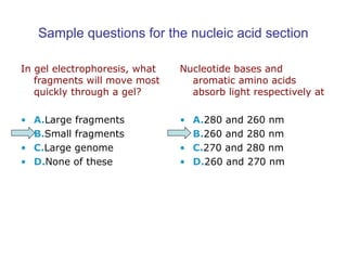 Sample questions for the nucleic acid section 
In gel electrophoresis, what 
fragments will move most 
quickly through a gel? 
• A.Large fragments 
• B.Small fragments 
• C.Large genome 
• D.None of these 
Nucleotide bases and 
aromatic amino acids 
absorb light respectively at 
• A.280 and 260 nm 
• B.260 and 280 nm 
• C.270 and 280 nm 
• D.260 and 270 nm 
 