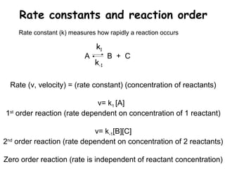 Rate constants and reaction order 
Rate constant (k) measures how rapidly a reaction occurs 
k1 
k-1 
A B + C 
Rate (v, velocity) = (rate constant) (concentration of reactants) 
v= k1 [A] 
1st order reaction (rate dependent on concentration of 1 reactant) 
v= k-1[B][C] 
2nd order reaction (rate dependent on concentration of 2 reactants) 
Zero order reaction (rate is independent of reactant concentration) 
 